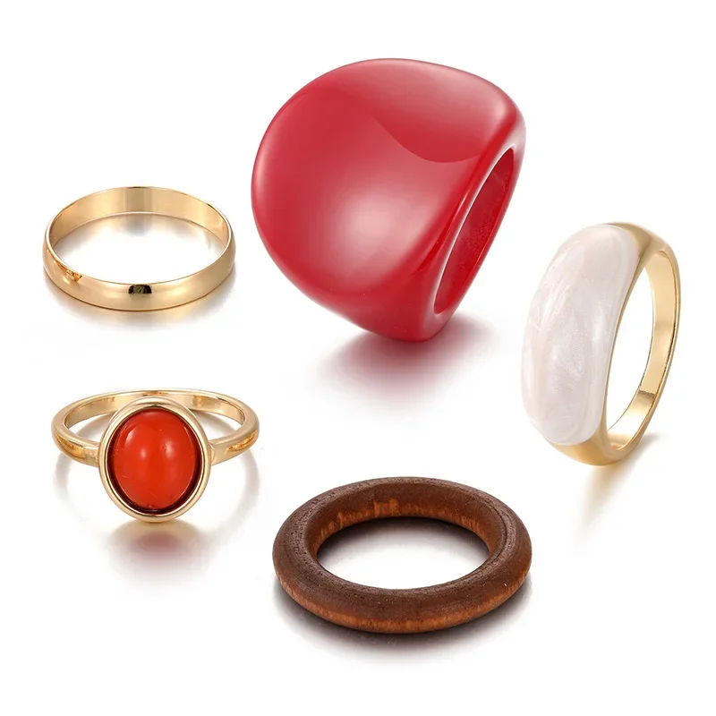 5Pcs Women Retro Ring Set Red  – Resin Art Ring recenzja i cena